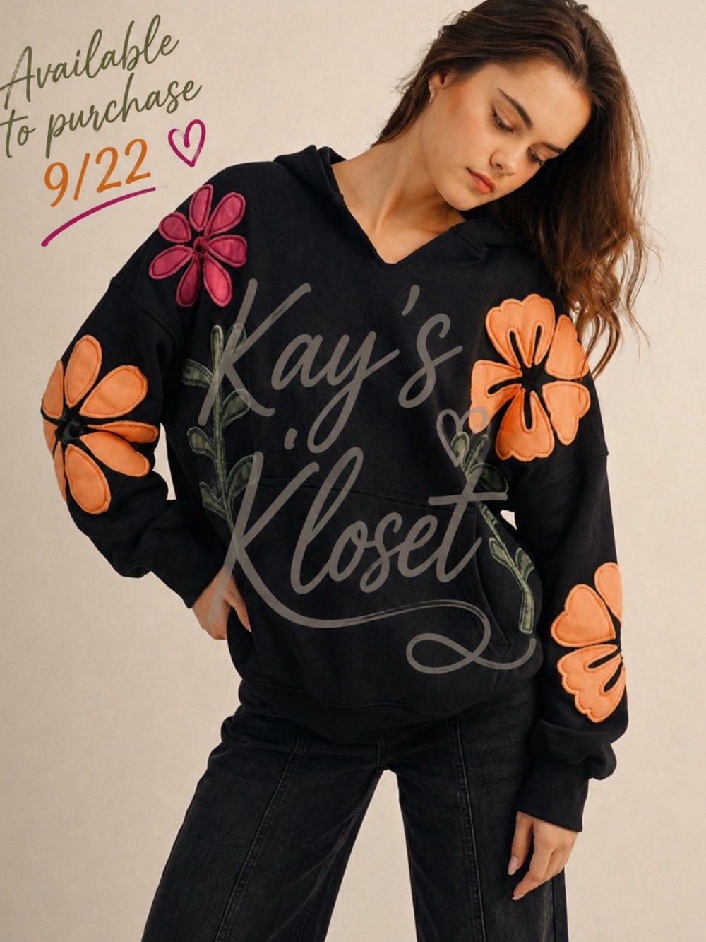 BF91-(ETA 9/22) BLACK 🖤🌸 Artisan Bloom Hoodie with Floral PatchworK